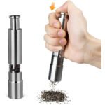 Thumb Press Salt & Pepper Grinder | One-Handed Stainless Steel Spice Mill | Adjustable Coarseness | Manual Pepper Mill for Black Pepper, Rock Salt & Dry Spices | Refillable Kitchen Seasoning Grinder