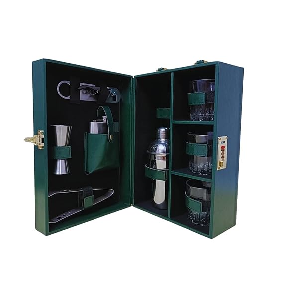 Presents Premium Portable Bar Set with Travel Case ?11-Piece Cocktail Shaker Set with Glasses, Tools & Lock ?Travel Mini Bar Kit for Home,Parties & Gifting ?Green Leather Finish