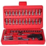 46-Piece 1/4 Inch Socket Wrench Tool Kit | Chrome Vanadium Steel Ratchet Socket Set with Extension Bar & Universal Joint | Automotive, Motorcycle & Home Repair Toolkit
