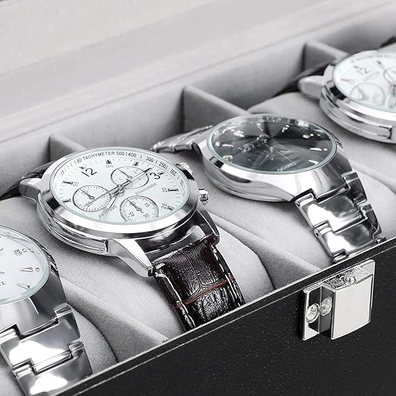 Presents Luxury Watch Box for Men & Women ?Lockable Leather Watch Organizer with Glass Lid, Soft Velvet Cushions, Premium Display & Storage Case for Watches -6 Slot Box (Black)
