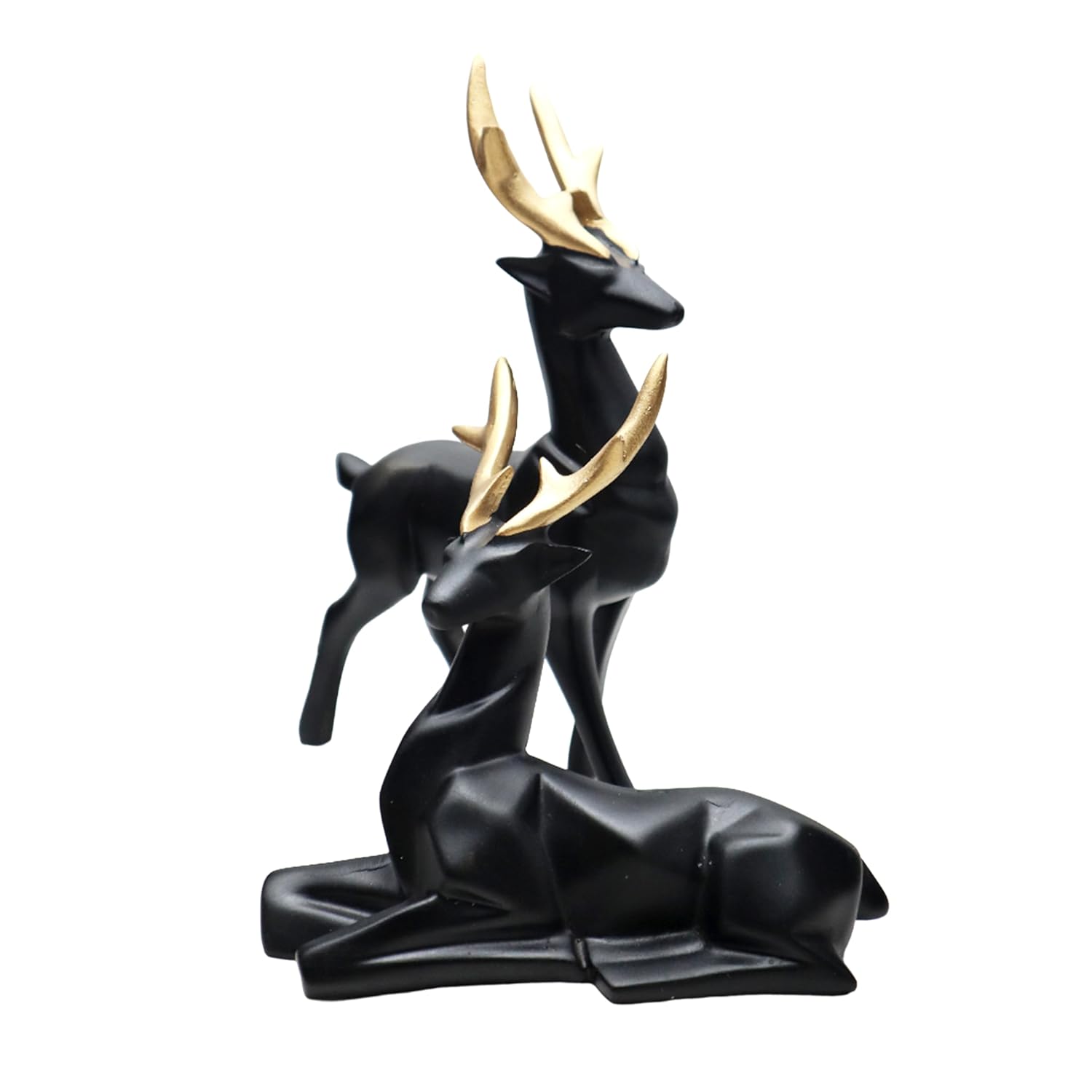Set of 2 - Black Lucky Deer Handicraft Resin Animal Showpiece for Home & Office Decor - Elegant Black Sculptures - Sitting & Standing Figurines Decor Accent