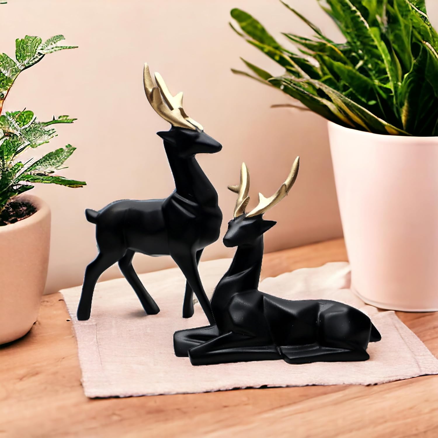 Set of 2 - Black Lucky Deer Handicraft Resin Animal Showpiece for Home & Office Decor - Elegant Black Sculptures - Sitting & Standing Figurines Decor Accent