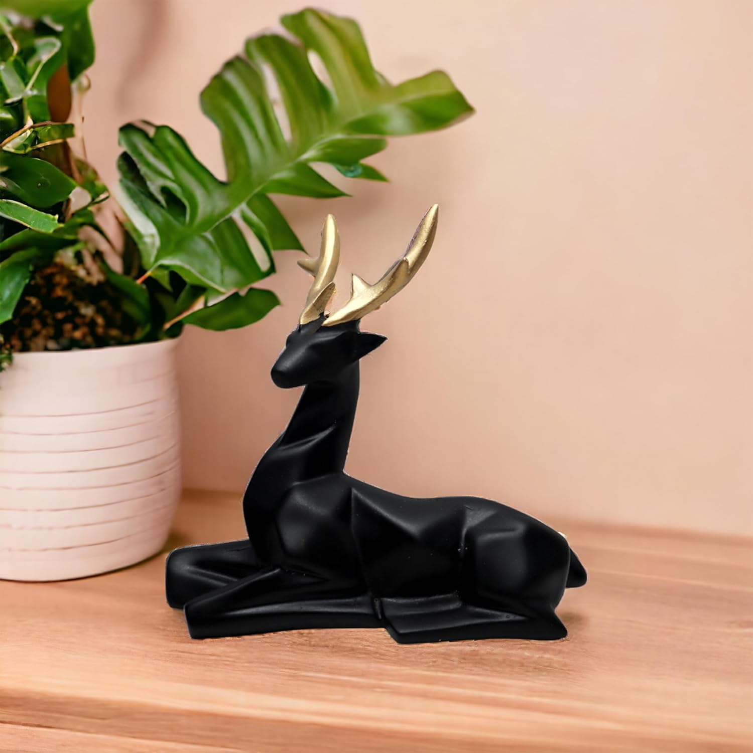 Set of 2 - Black Lucky Deer Handicraft Resin Animal Showpiece for Home & Office Decor - Elegant Black Sculptures - Sitting & Standing Figurines Decor Accent