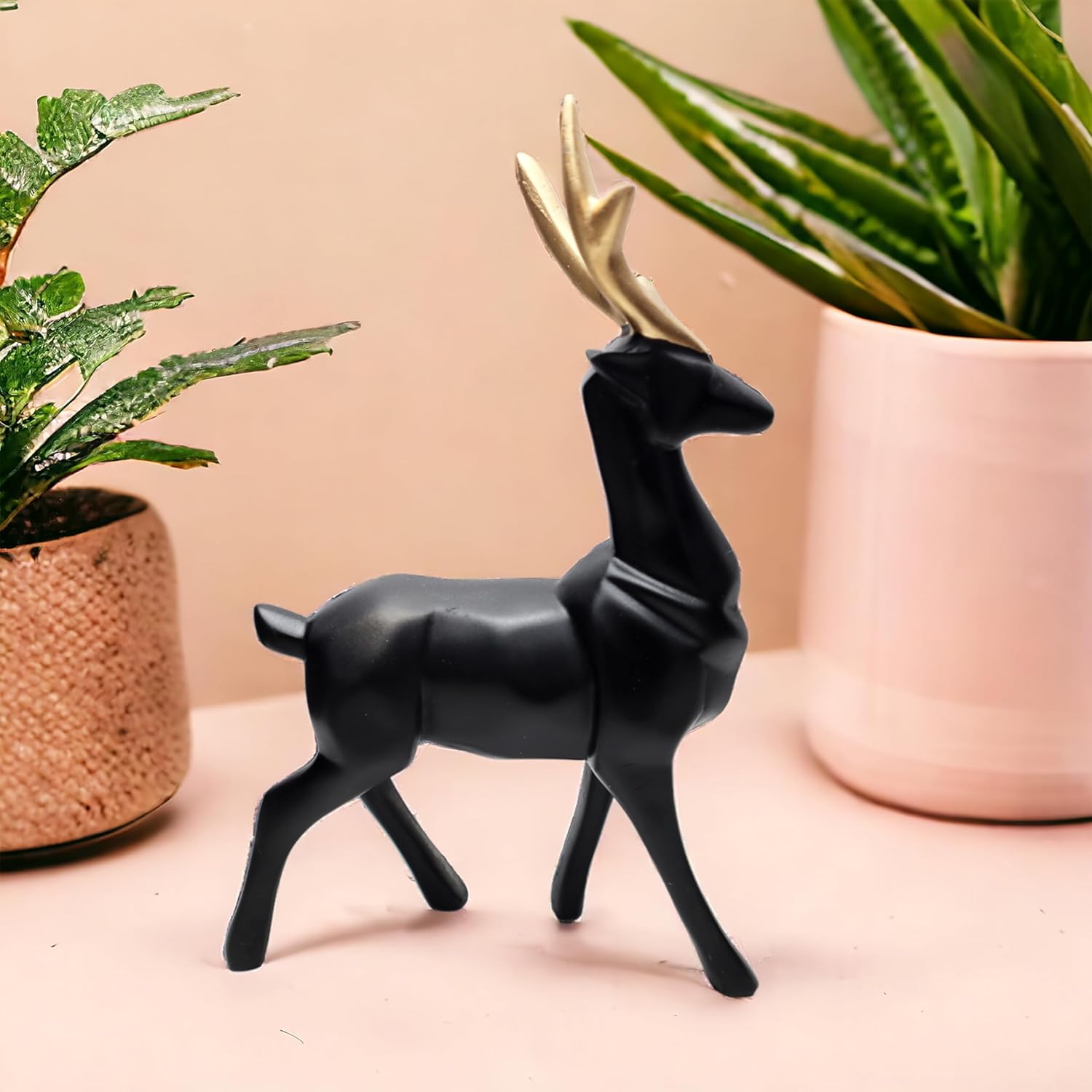 Set of 2 - Black Lucky Deer Handicraft Resin Animal Showpiece for Home & Office Decor - Elegant Black Sculptures - Sitting & Standing Figurines Decor Accent