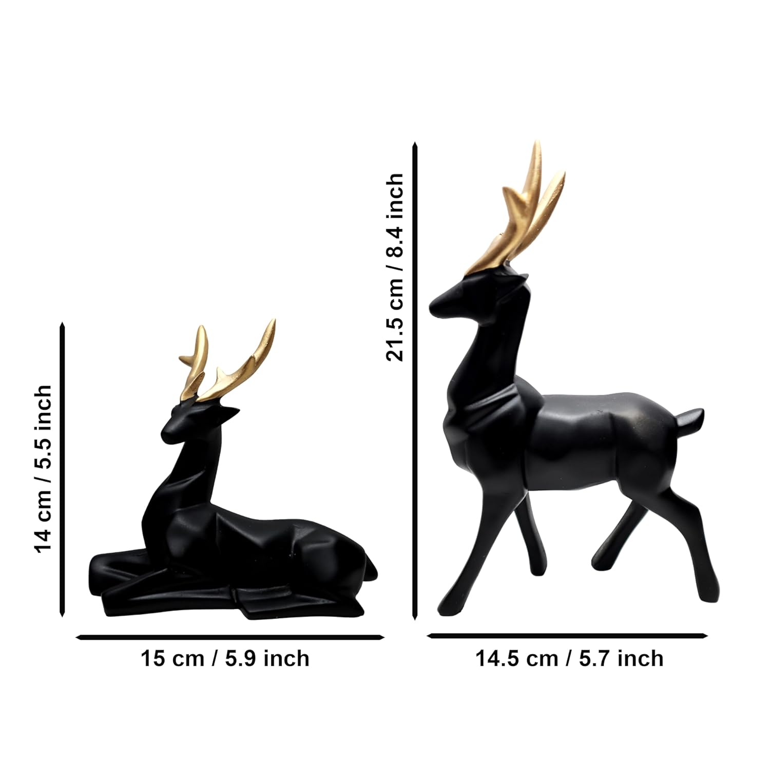 Set of 2 - Black Lucky Deer Handicraft Resin Animal Showpiece for Home & Office Decor - Elegant Black Sculptures - Sitting & Standing Figurines Decor Accent