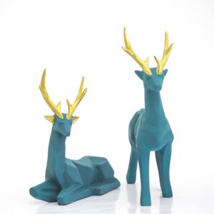 Set of 2 – Blue Lucky Deer Handicraft Resin Animal Showpiece for Home & Office Decor – Elegant Black Sculptures – Sitting & Standing Figurines Decor Accent