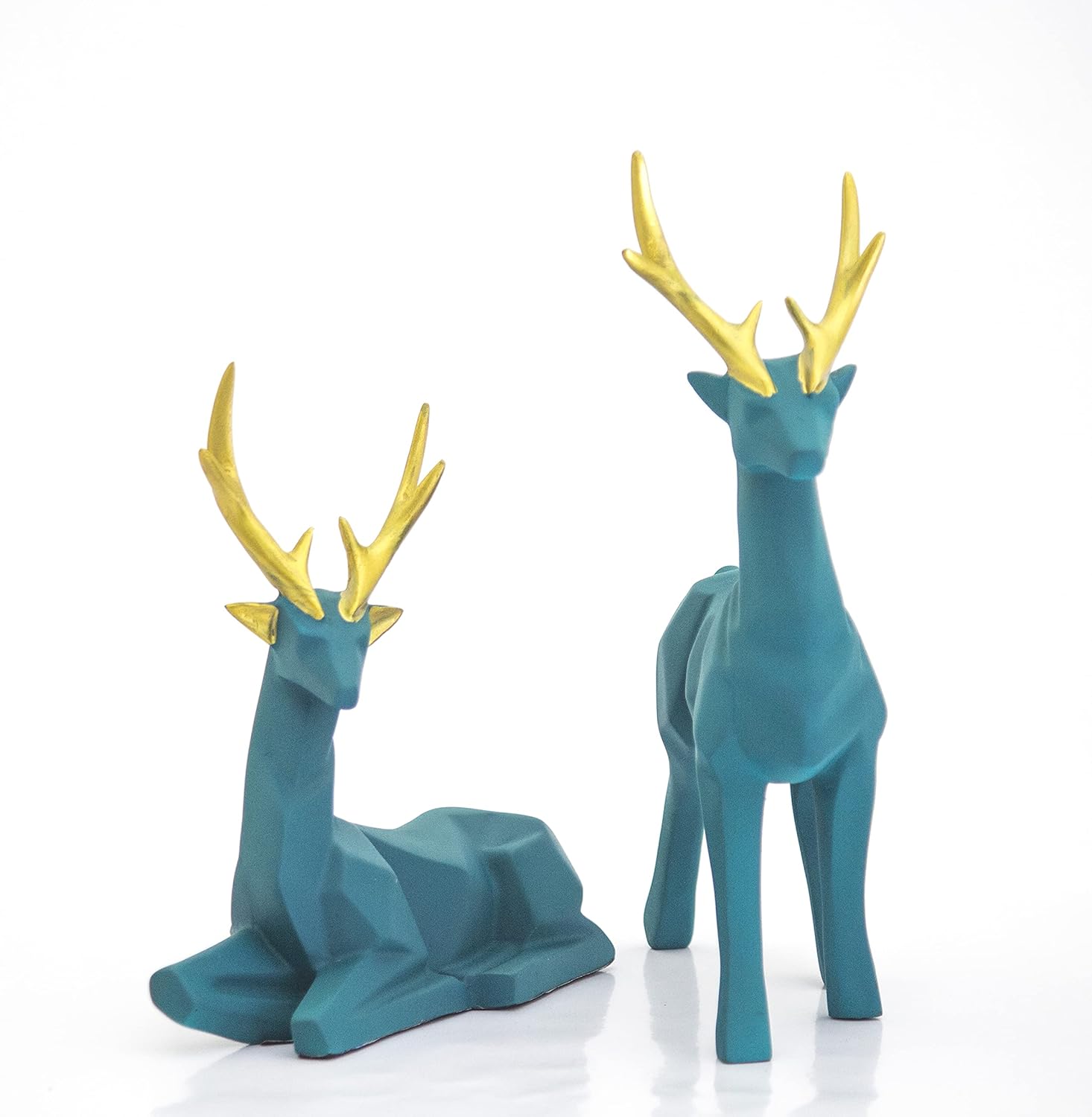 Set of 2 - Blue Lucky Deer Handicraft Resin Animal Showpiece for Home & Office Decor - Elegant Black Sculptures - Sitting & Standing Figurines Decor Accent