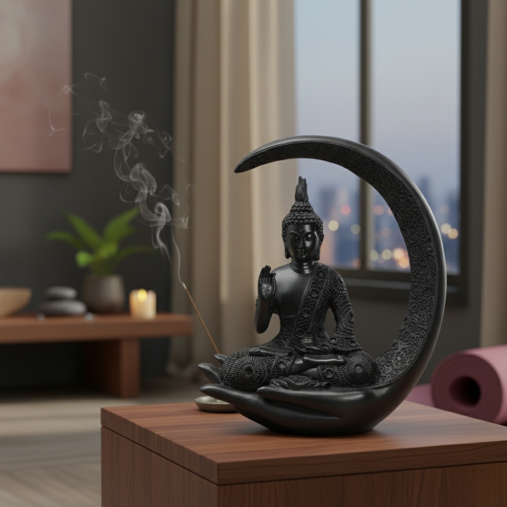 New 20 Centimetre Meditating Sitting Buddha Statue showpiece Idol Home Decor Items for Living Room and Gifts (Black)