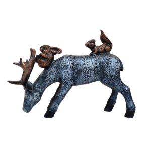 Artisanal Deer Stag Statue with Squirrel & Rabbit Figurine – Intricate Textured Pattern, Polyresin Wildlife Home Decor Showpiece, Black/Silver