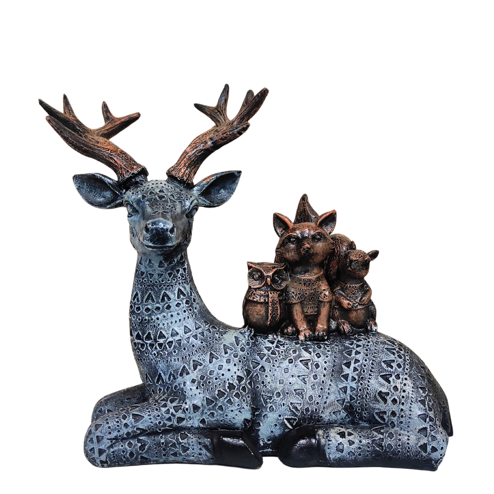 Artisanal Deer Stag Statue with Squirrel & Rabbit Figurine - Intricate Textured Pattern, Polyresin Wildlife Home Decor Showpiece, Black/Silver