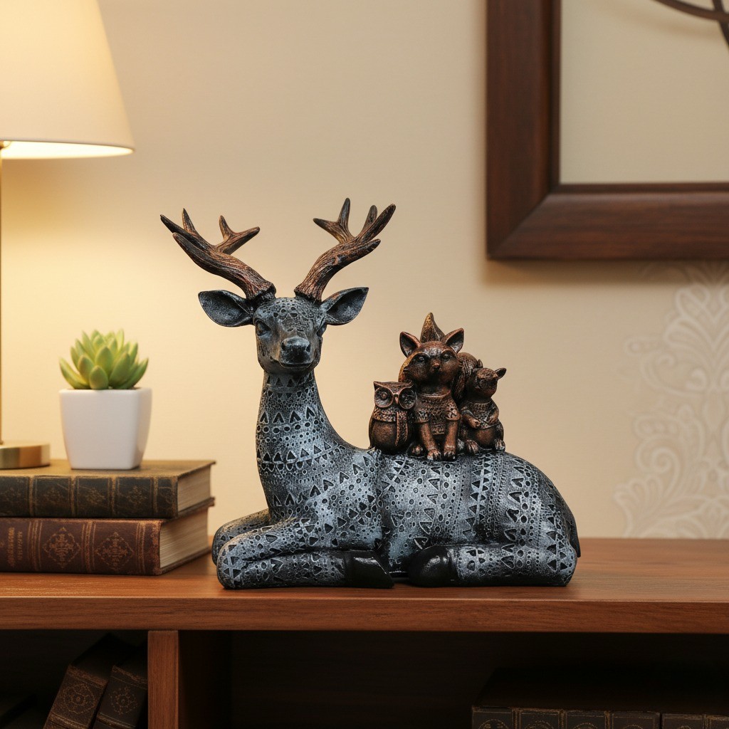 Artisanal Deer Stag Statue with Squirrel & Rabbit Figurine - Intricate Textured Pattern, Polyresin Wildlife Home Decor Showpiece, Black/Silver