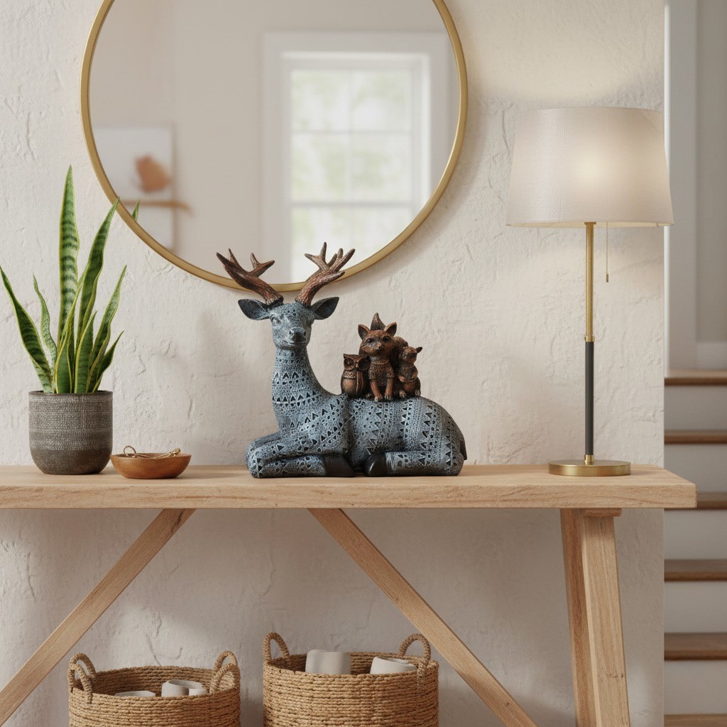 Artisanal Deer Stag Statue with Squirrel & Rabbit Figurine - Intricate Textured Pattern, Polyresin Wildlife Home Decor Showpiece, Black/Silver
