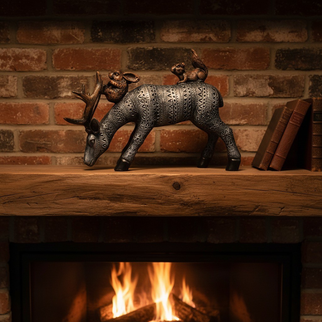 Artisanal Deer Stag Statue with Squirrel & Rabbit Figurine - Intricate Textured Pattern, Polyresin Wildlife Home Decor Showpiece, Black/Silver