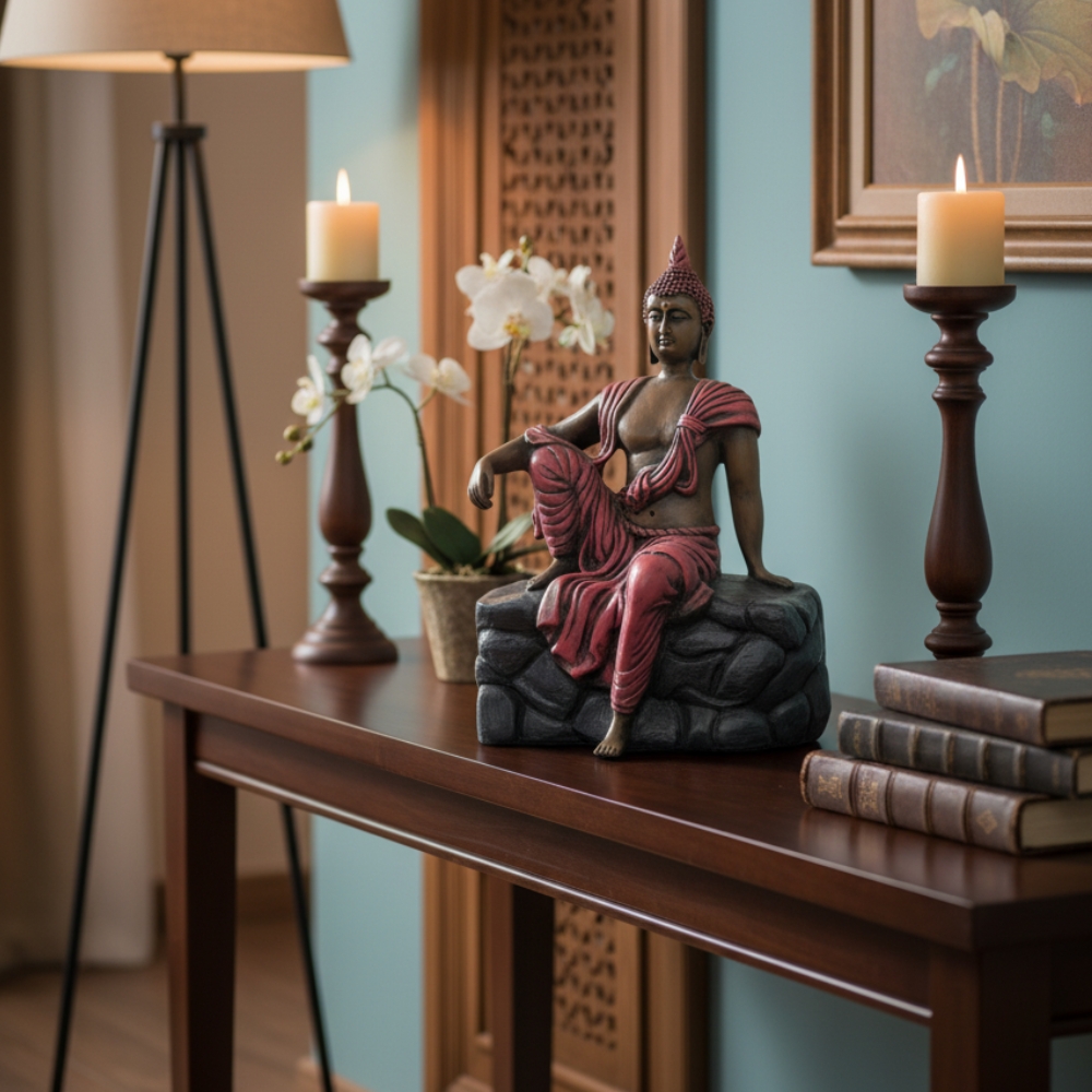 Buddha Showpiece Polyresin Idol for Home Decor, Vastu, Office Desk, Zen Centerpiece, Spiritual Gift & Housewarming, 23 cm Black Multicolor