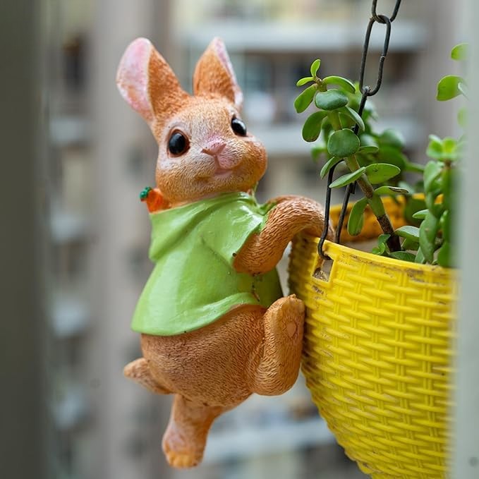 Adorable Bunny Planter Hugger Statue - Climbing Rabbit Garden Decor Figurine - Resin Hanger for Pots, Baskets, Fairy Garden, or Home